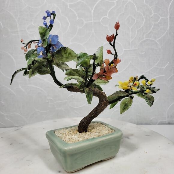 Vintage Bonsai Tree Jade Glass 8" Japanese Oriental Flower Blossom Ceramic Pot - Picture 11 of 15